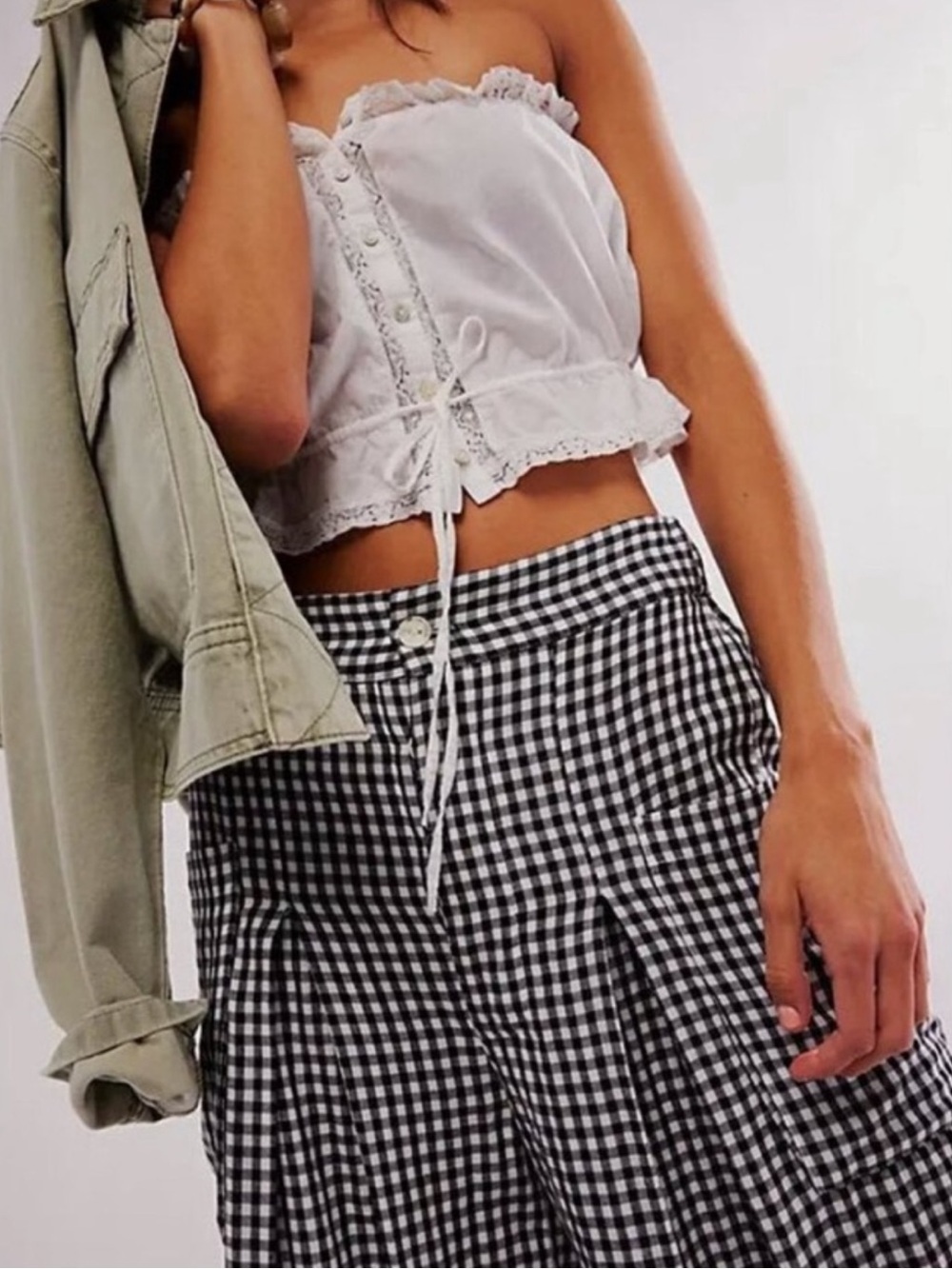 Free People East Side Trousers Plaid Relaxed Fit‎ Button Fly Black White Medium - Picture 2 of 10